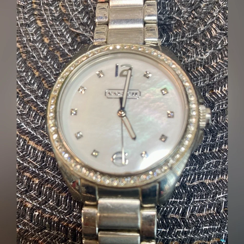 Coach Silver-Tone‎ Mother of Pearl Crystal Bezel Watch
